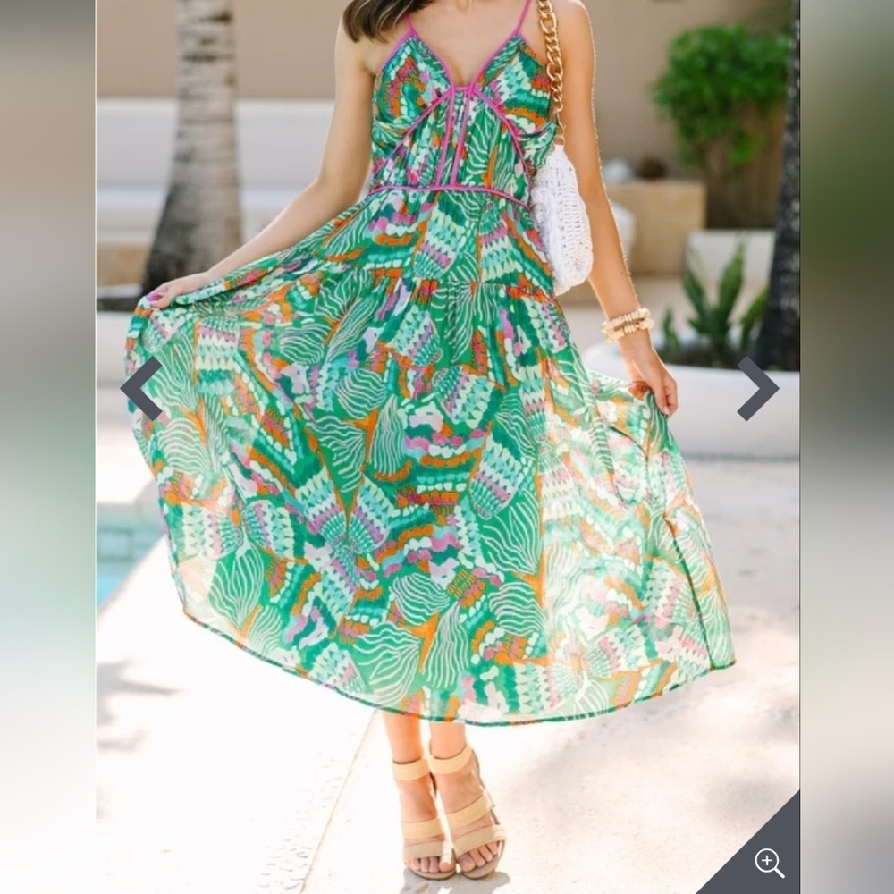 Entro Vibrant Palm Springs Green Multi Cottagecore Peasant Floral Women's Dress